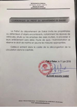 Communiqué du Préfet du Département de Dakar : aux propriétaires d’objets encombrants situés sur les emprises des axes routiers