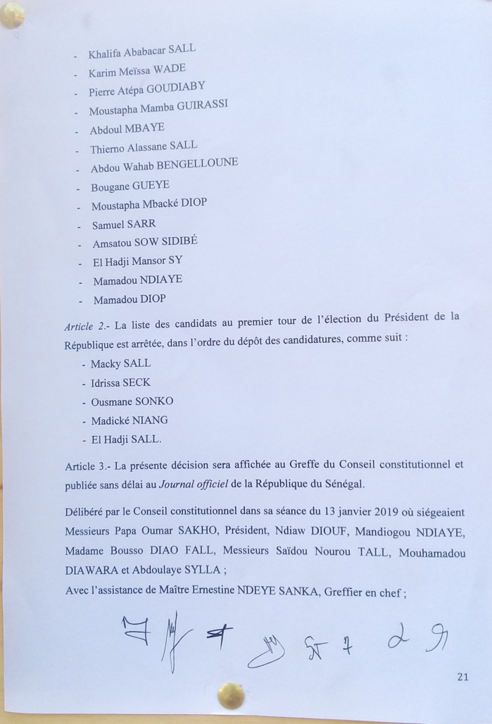 Présidentielle 2019 - Publication de la liste des candidats : voici le dernier jet des motivations du Conseil constitutionnel (Documents)