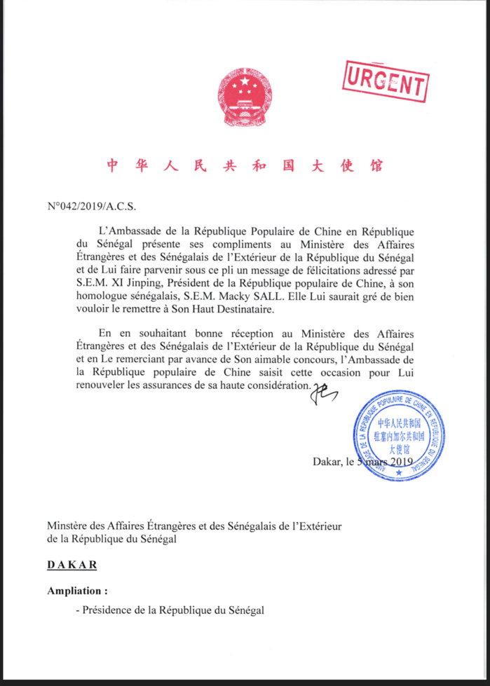 PrÃ©sidentielle 2019 : La Chine fÃ©licite le prÃ©sident Macky Sall (DOCUMENT)