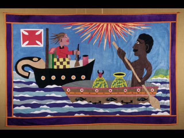 « La Rencontre » numéro 3 de la série « L'Océan Noir », appliqué de coton polychrome, 170 x 100 cm, 2009-2011 (William Adjete Wilson)