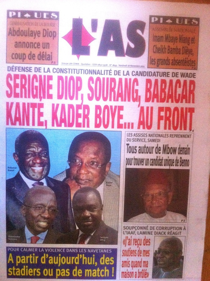 Revue de presse - L'As: Défense de la contitutionnalité de la candidature de Me Wade: Serigne Diop, Moustapha Sourang, Babacar Kanté , Kader Boyer... au front