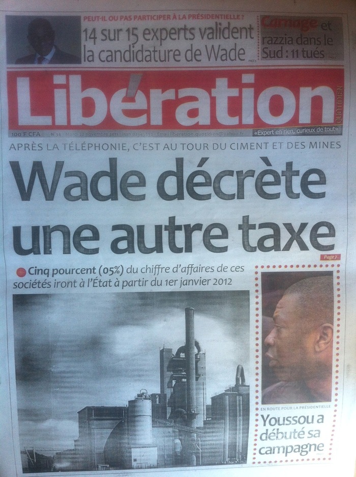 Revue de presse : Liberation : Après la téléphonie , c'est au tour du ciment et des mines : Wade décrète une autre taxe