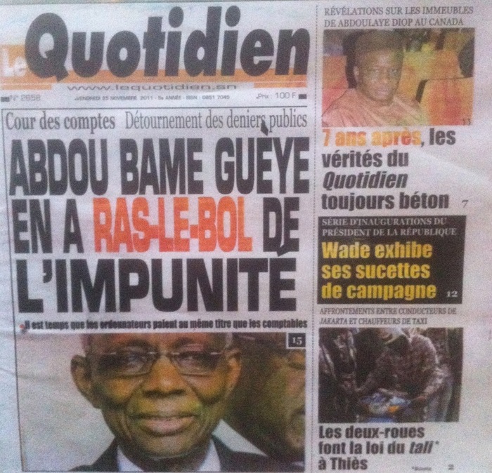 Revue de presse - Le Quotidien : Cour des comptes - Détournement des deniers publics : Abdou Bame Gueye en a ras-le-bol de l'impunité