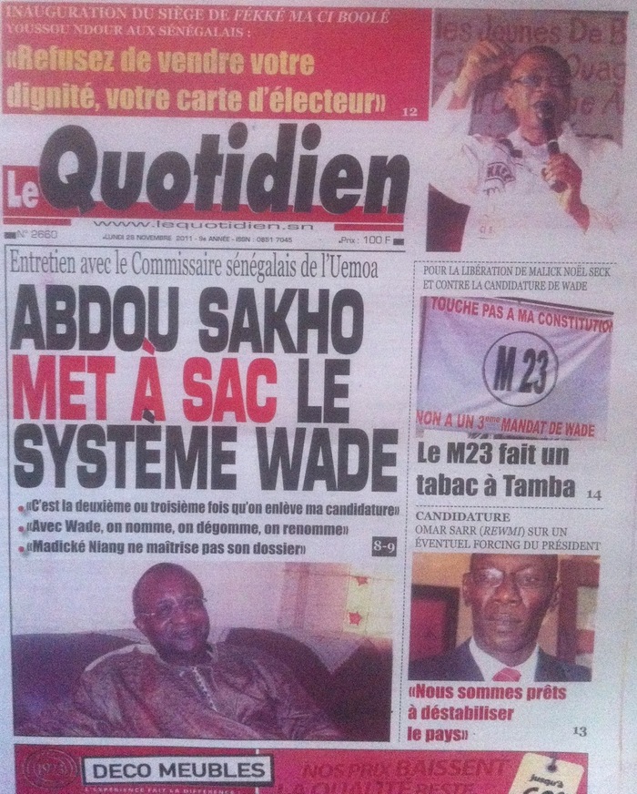 Revue de presse - Le Quotidien : Abdou Sakho met à sac le système Wade