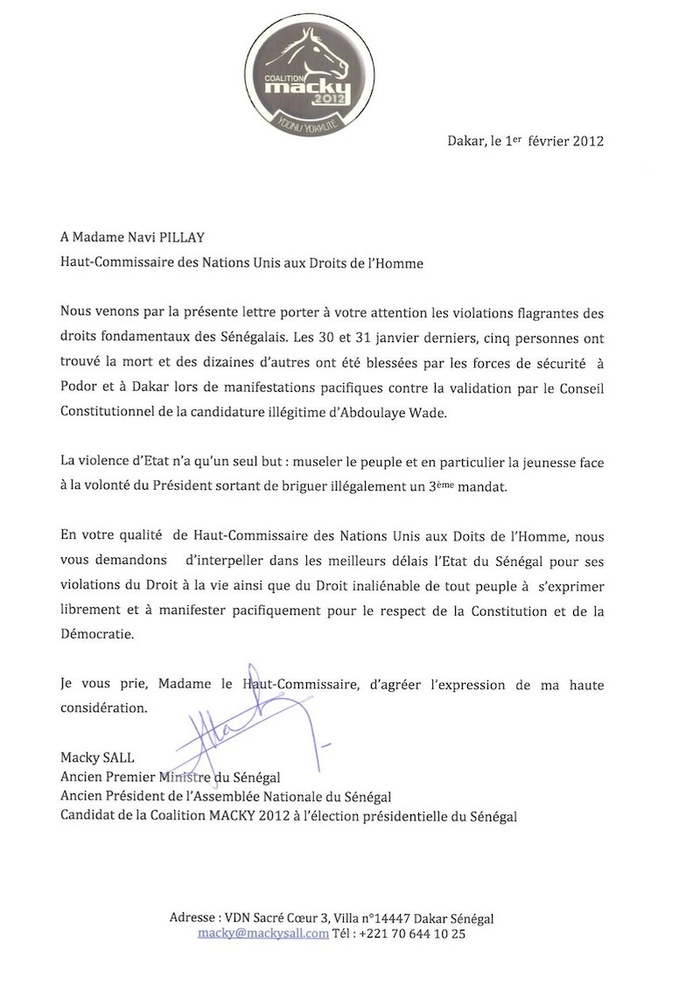 Echange épistolaire entre Macky Sall et Navi Pillay, haut commissaire des Nations-unies aux droits de l’homme.