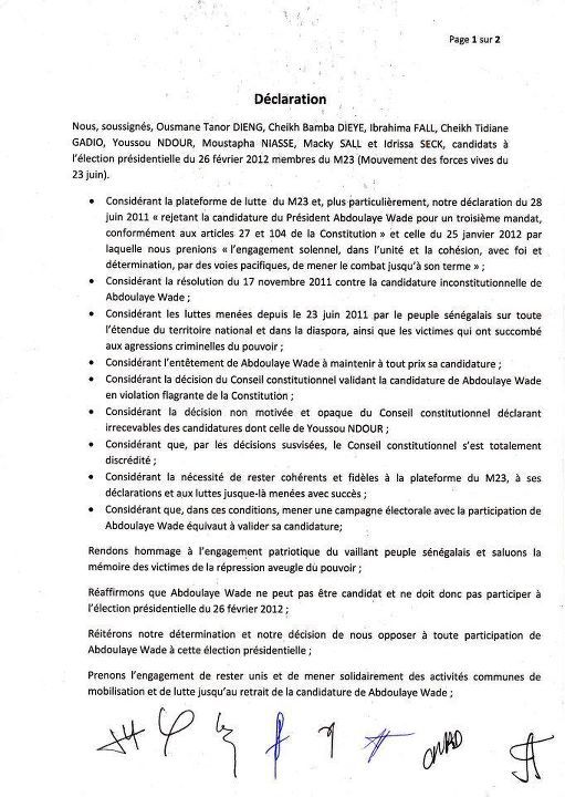 Contribution: Sur 8 signataires du M23 seuls 3 ont tenu parole (Ibrahima Fall, Idrissa Seck, Cheikh Bamba Dièye)