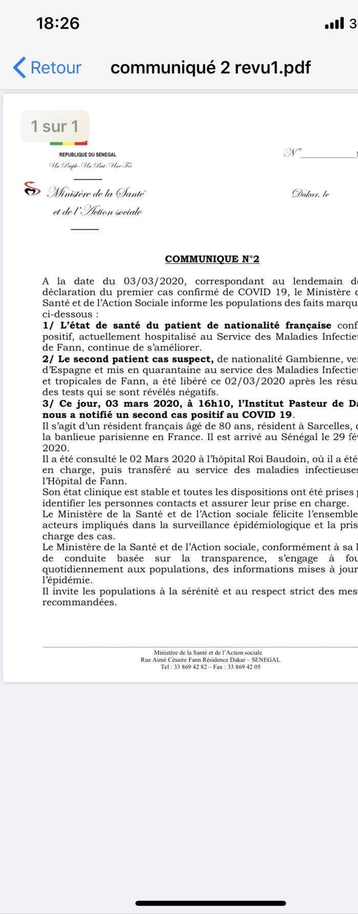 Second cas confirmé de Coronavirus au Sénégal : Il s’agit d’un français de 80 ans habitant de Sarcelles (France)