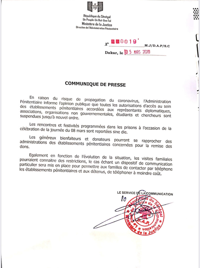 Coronavirus au Sénégal : Les mesures de l’administration pénitentiaires pour protéger les détenus. (DOCUMENT)