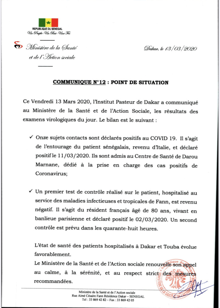 Sénégal : Les 11 nouveaux cas isolés à Touba, un premier test négatif pour le du patient français. (Document)