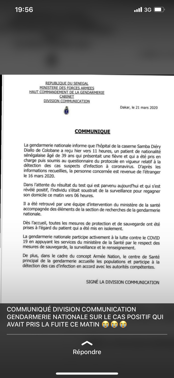 COVID-19 / Cas suspect qui s’est échappé de la caserne Samba Diéry Diallo : Les précisions de la Gendarmerie nationale. (DOCUMENT)