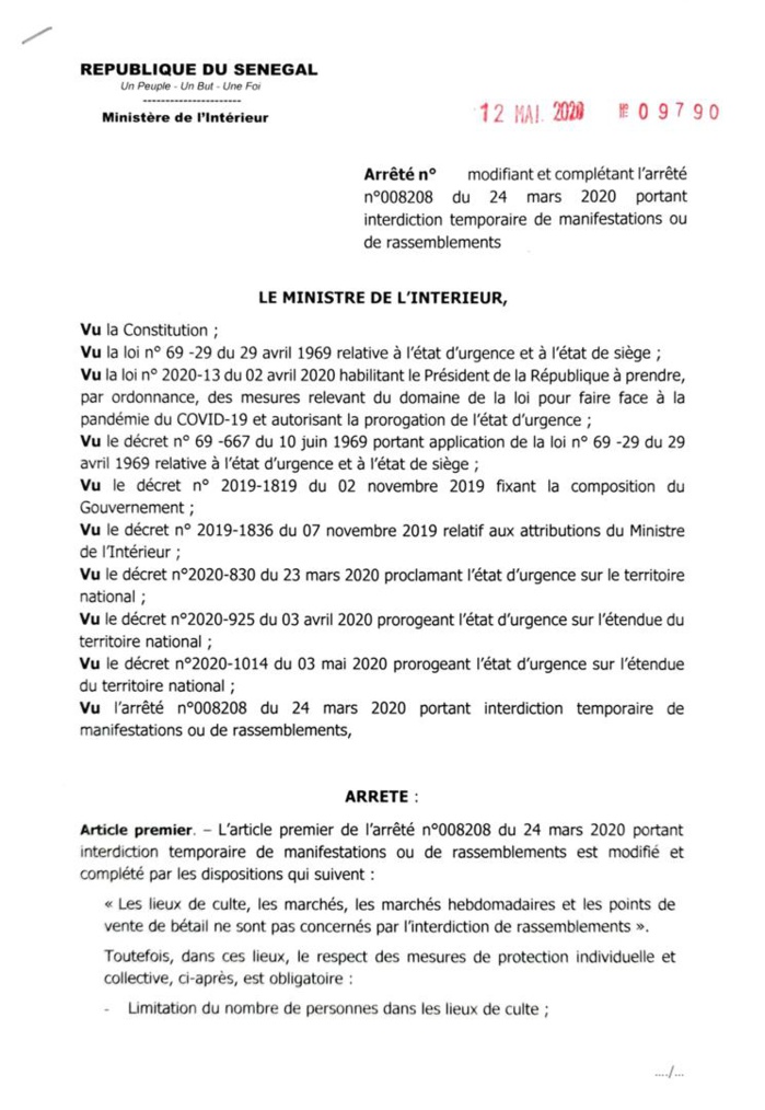 Covid-19 : Aly Ngouille Ndiaye maintient les interdictions de circulation interurbaine et fait des précisions sur les rassemblements. (ARRÊTÉ)