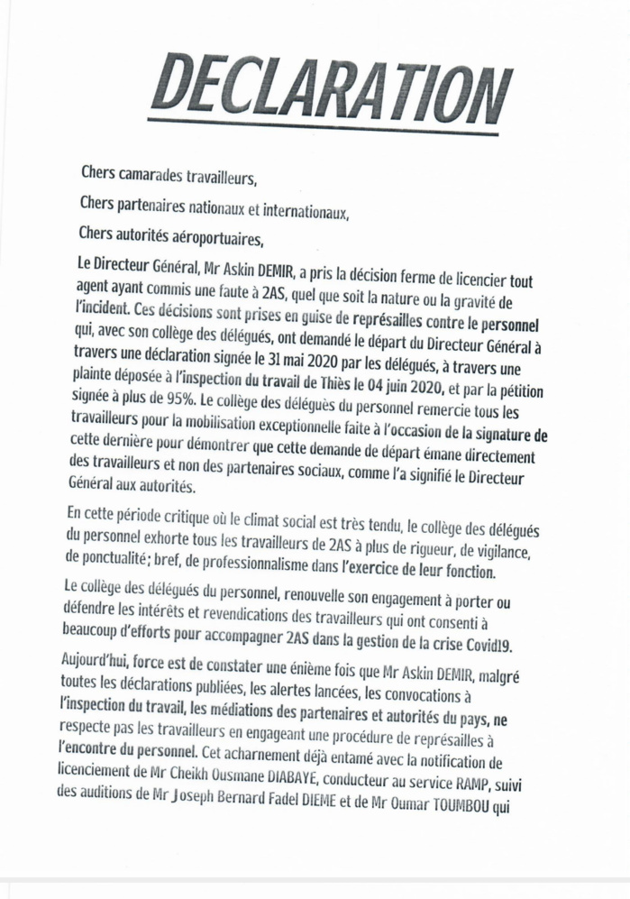 Mouvement d’humeur à l’AIBD : Les agents de 2AS sortent les brassards rouges et réclament la tête du Dg, Askin Demir.