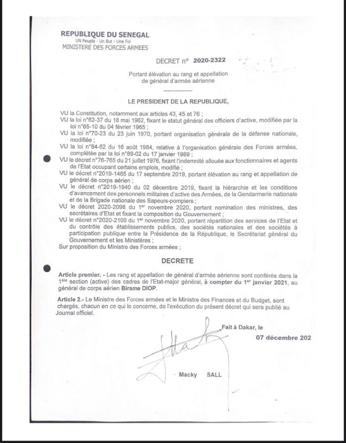 Armée aérienne sénégalaise : Le Général Birame Diop promu. (DÉCRET)