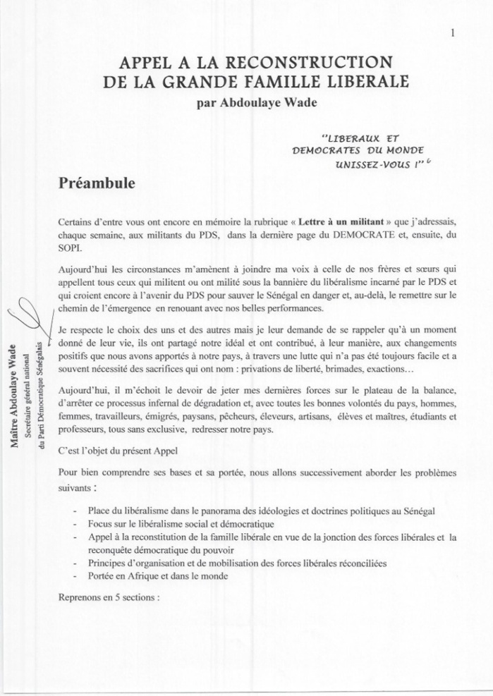 Appel à la reconstruction de la grande famille libérale ( Me Abdoulaye Wade)