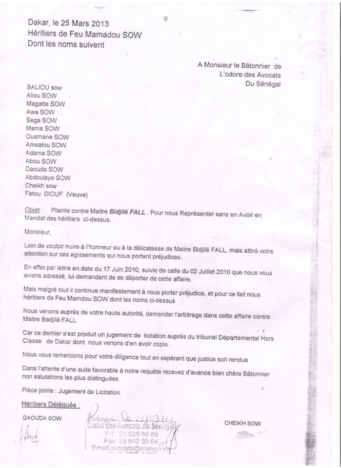 L'avocat Me Bidjilé Fall accusé de vouloir faire main basse sur leur héritage, faux sur document administratif, abus de confiance...  La famille plaignante de feu Mamadou Sow demande l'arbitrage de Macky Sall