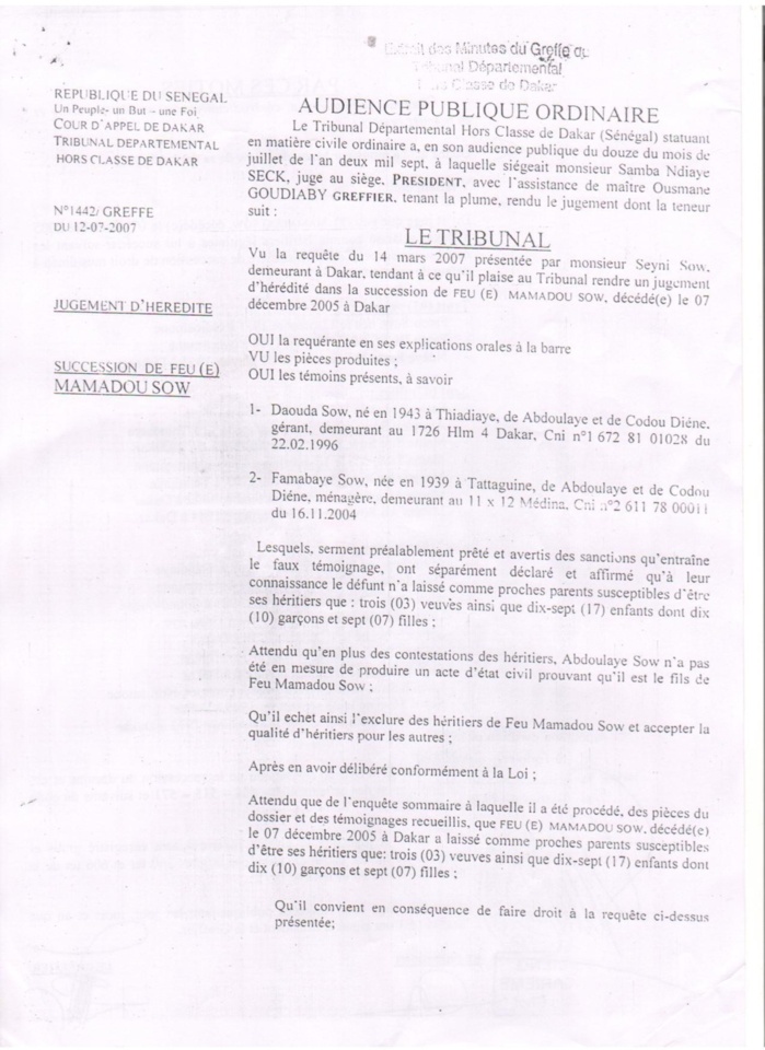 L'avocat Me Bidjilé Fall accusé de vouloir faire main basse sur leur héritage, faux sur document administratif, abus de confiance...  La famille plaignante de feu Mamadou Sow demande l'arbitrage de Macky Sall