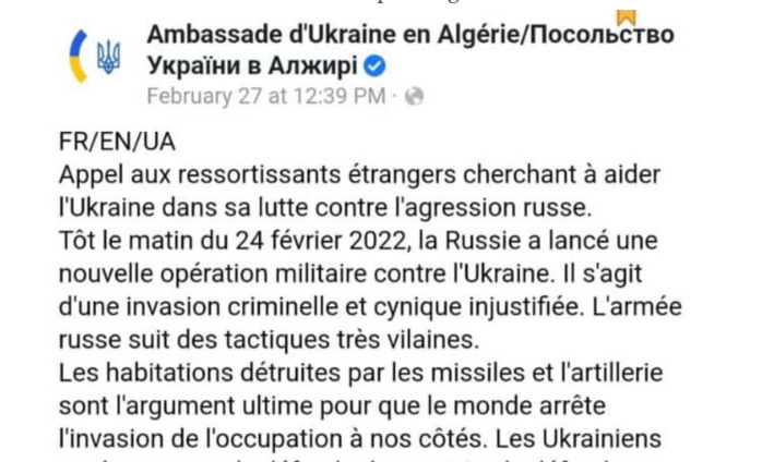 Recrutement de volontaires contre l’invasion russe : après le Sénégal, l’Ukraine rappelée à l’ordre par l’Algérie