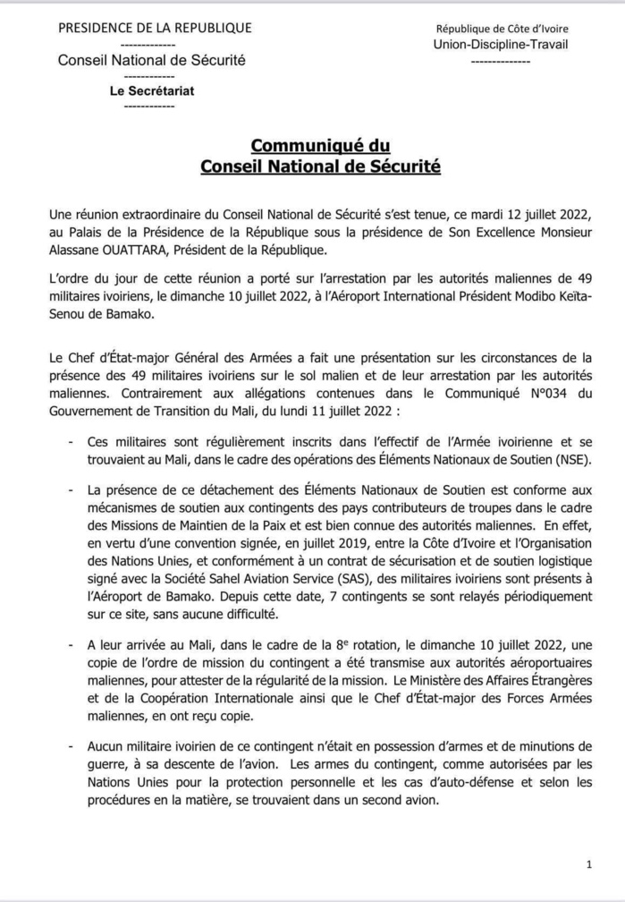 La Côte d'Ivoire demande au Mali de libérer "sans délai" 49 militaires "injustement" arrêtés