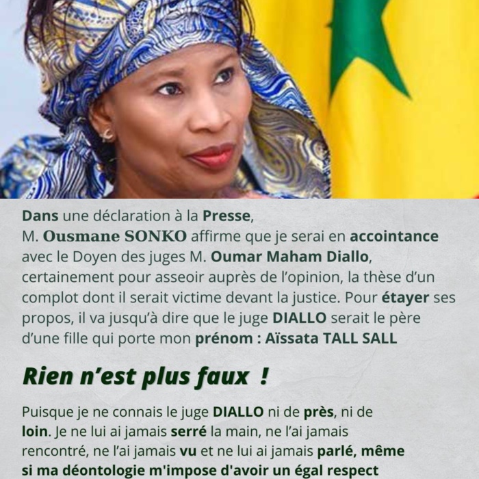 Liaison avec le Doyen des juges : Aïssata Tall Sall dément Ousmane Sonko et assène ses vérités.