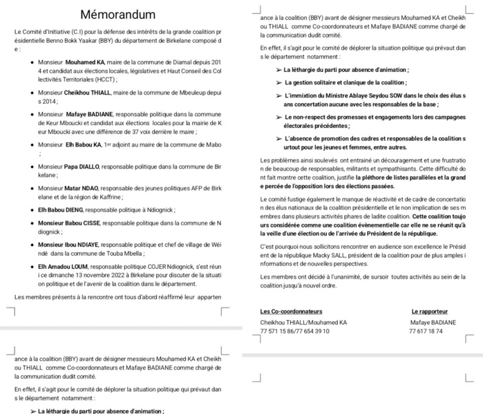 Birkelane : Les membres du comité pour la défense des intérêts de Bby décident de surseoir à toute activité au sein de cette coalition.