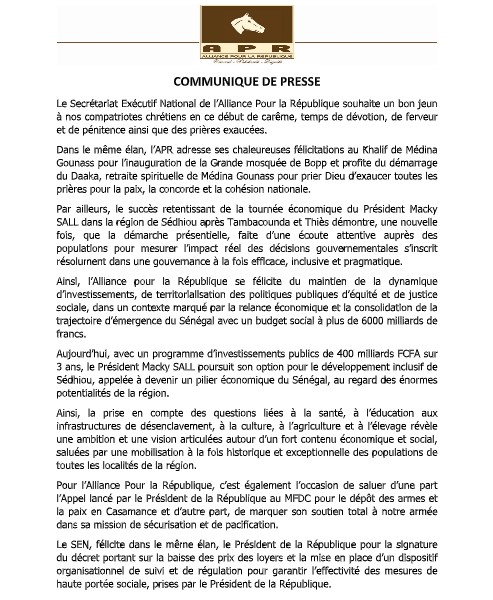 Tournée économique à Sédhiou, baisse du coût des loyers, MFDC, opposition... : Le SEN de l'Apr réagit.