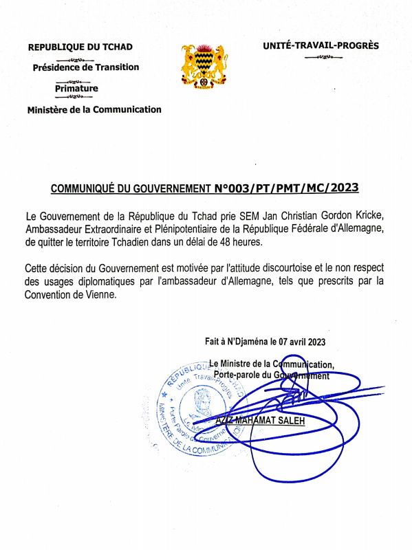 Le Tchad expulse l'ambassadeur d'Allemagne (gouvernement)