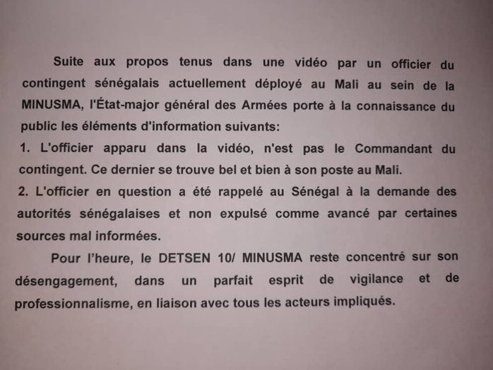 Rumeurs sur l'expulsion d'un officier sénégalais du Mali/ Les précisions de L'État-major général des Armées: 