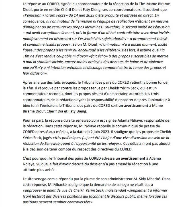 Manquements à l'éthique et à la déontologie : Voici les deux avis du tribunal des pairs du Cored [Décisions du 21 Juillet 2023]