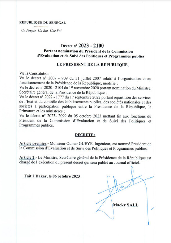 Nomination: Oumar GUEYE, nommé Président de la Commission d'Evaluation et de Suivi des Politiques et Programmes publics