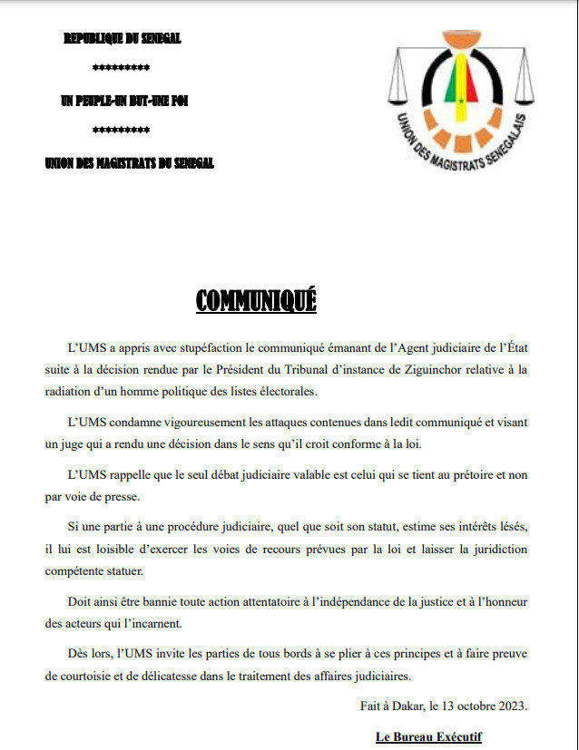 Communiqué fustigeant la décision du juge qui annule la radiation de Sonko: L’UMS attaque l’agent judiciaire de l’Etat