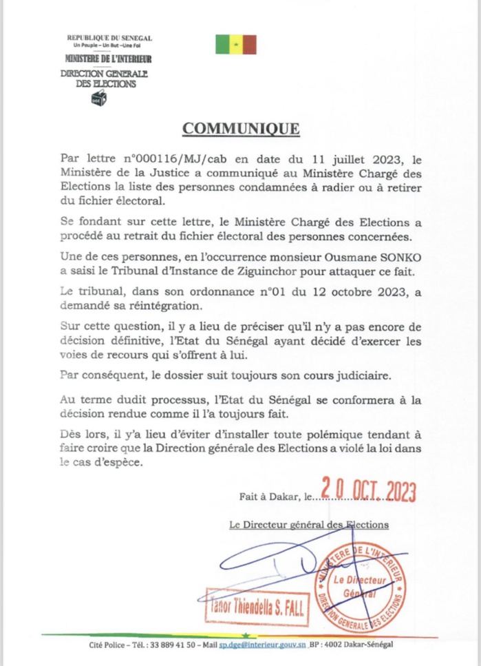 Réintégration de Ousmane Sonko: « il n'y a pas encore de décision définitive. » (Tanor Thiendella Fall, Dge)