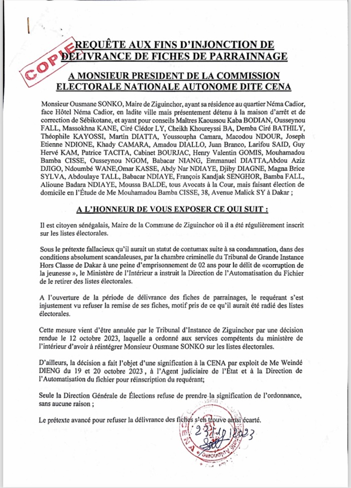 Réintégration de Ousmane Sonko : les avocats de l’opposant saisissent la CENA pour dessaisir la DGE.