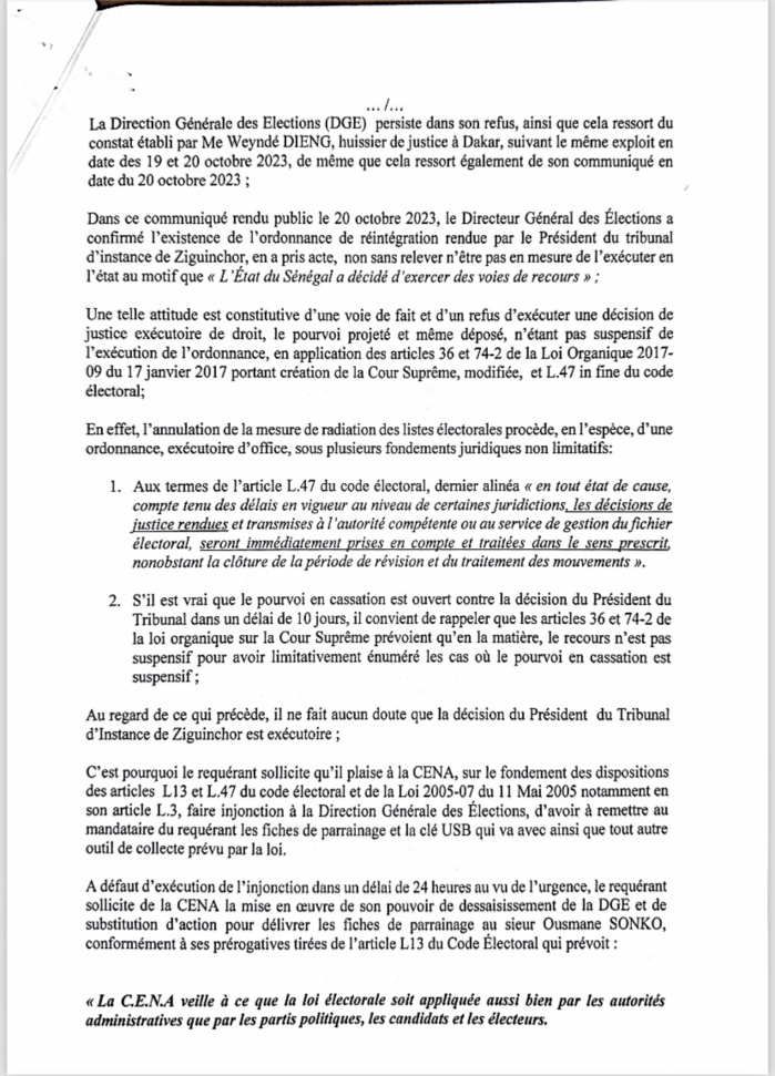 Réintégration de Ousmane Sonko : les avocats de l’opposant saisissent la CENA pour dessaisir la DGE.