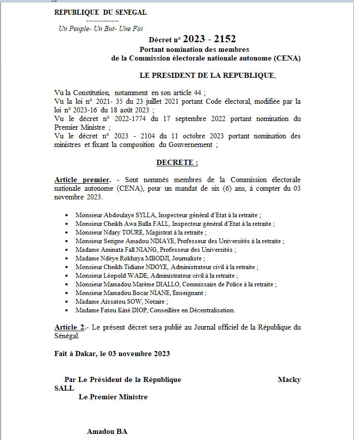 CENA: La liste des 12 nouveaux membres nommés pour un mandat de 6 ans.