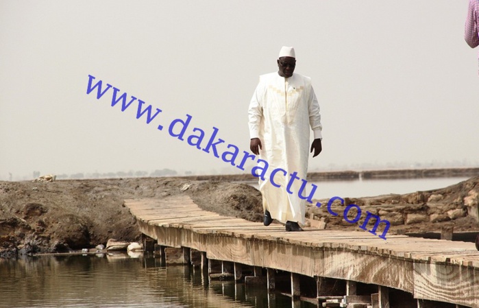 Macky traverse une passerelle d'un mètre de large pour rencontrer un travailleur des salins du Sine-Saloum