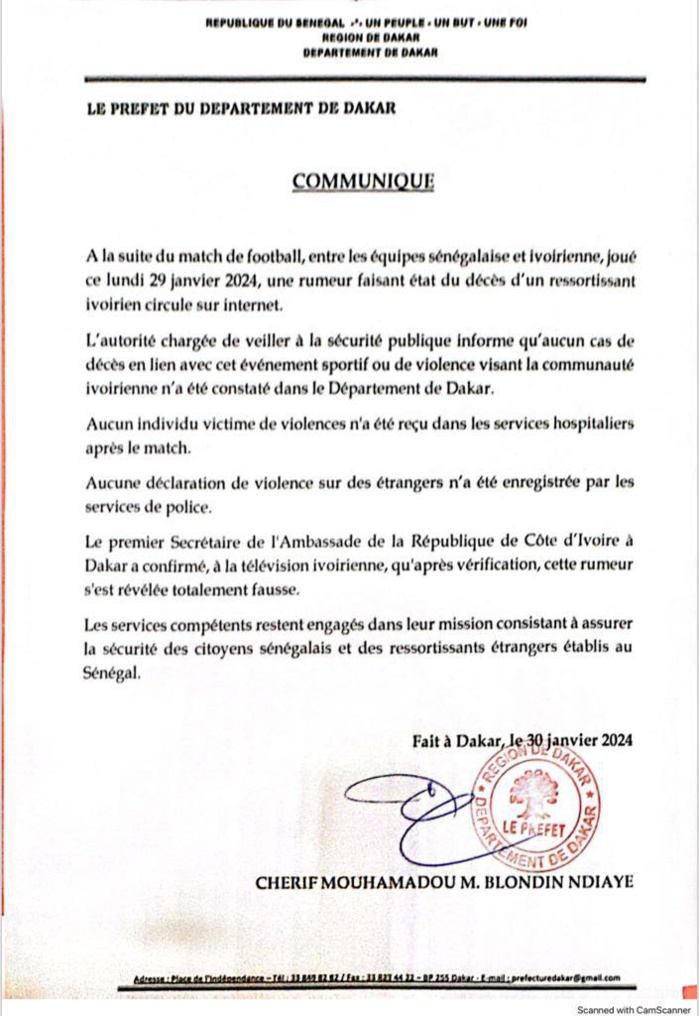 CAN 2023-FakeNews: "Un ivoirien lynché à mort à Dakar", le préfet dément!