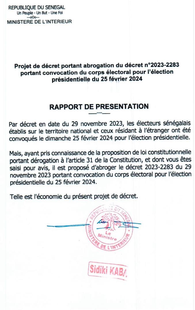 Sénégal: Voici le rapport de présentation du projet de décret portant abrogation du décret n°2023-2883 portant convocation du corps électoral pour l'élection présidentielle du 25 février 2024