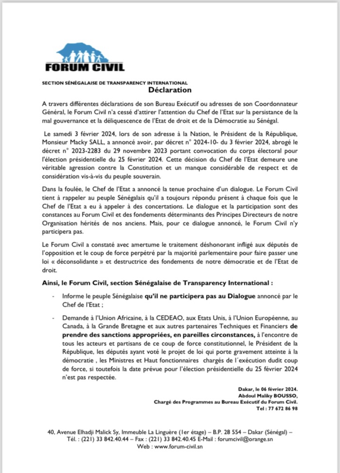 Validation du report de la présidentielle: le Forum Civil dénonce et appelle à des sanctions contre les auteurs.