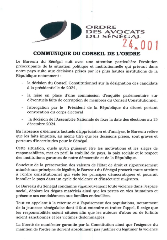 Crise politique au Sénégal : L'ordre des avocats appelle à situer les responsabilités, à  sanctionner et à  dédommager les victimes