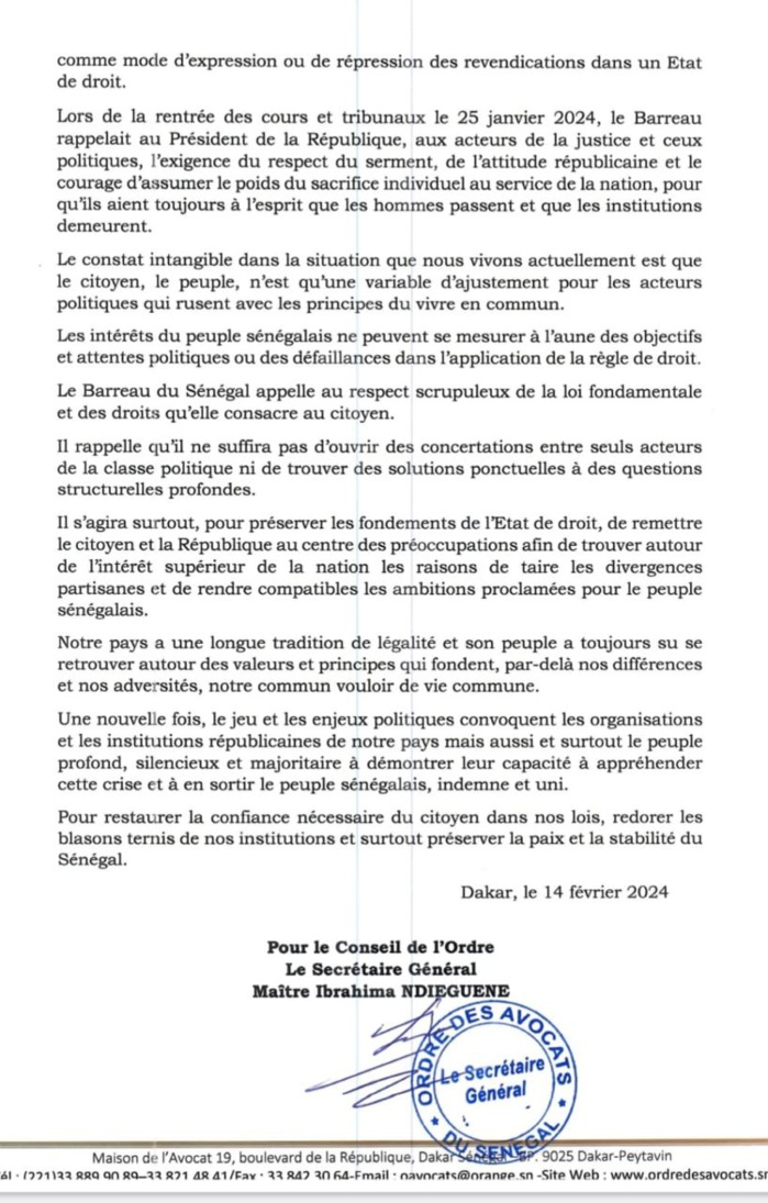 Crise politique au Sénégal : L'ordre des avocats appelle à situer les responsabilités, à  sanctionner et à  dédommager les victimes