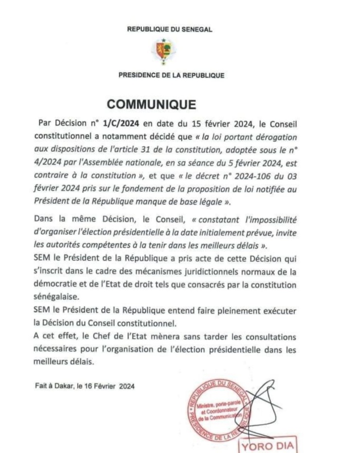 Décision du CC: Macky Sall compte exécuter la décision...et organiser l'élection dans les meilleurs délais