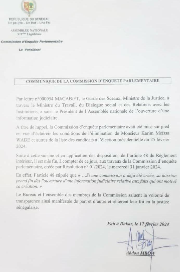 Assemblée Nationale : Abdou Mbow annonce la fin de mission de la Commission d'Enquête Parlementaire