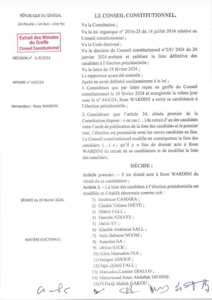 Retrait de la candidature de Rose Wardini: Le CC prend acte et arrête sa liste aux 19 candidats restants 