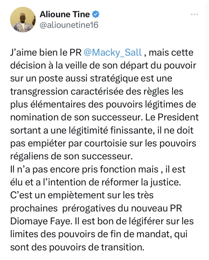 Remplacement du 1er président de la Cour suprême : « C’est un empiètement sur les très prochaines prérogatives du nouveau PR Diomaye Faye... » (Alioune Tine)