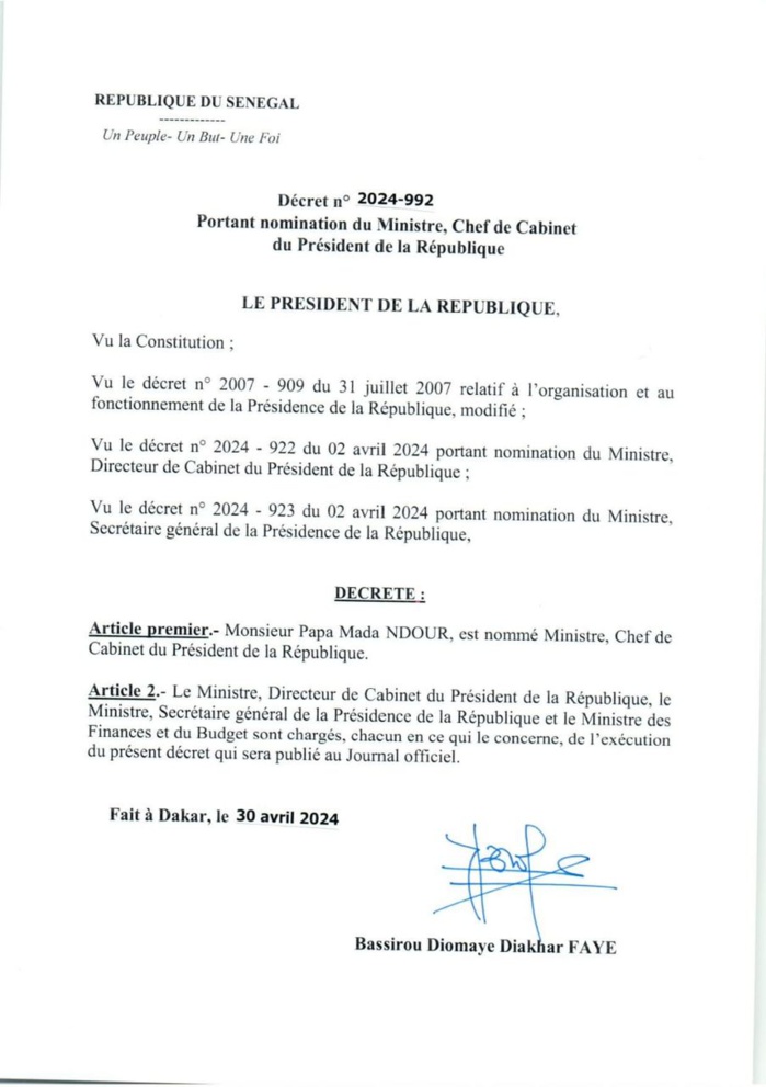 Pape Mada Ndour nommé  ministre, Chef de cabinet du Président  de la République