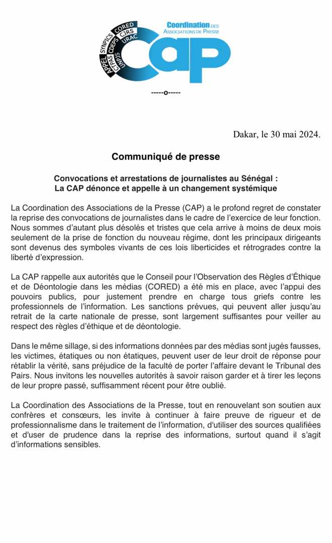 Convocations et arrestations de journalistes au Sénégal : La CAP dénonce et appelle à un changement systémique