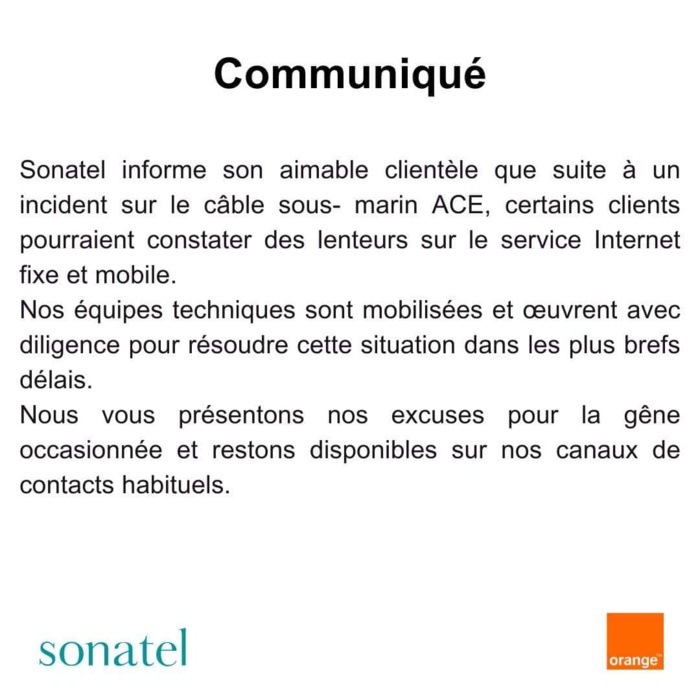 Perturbations du service Internet fixe et mobile: Sonatel parle d'incident sur le câble sous-marin ACE