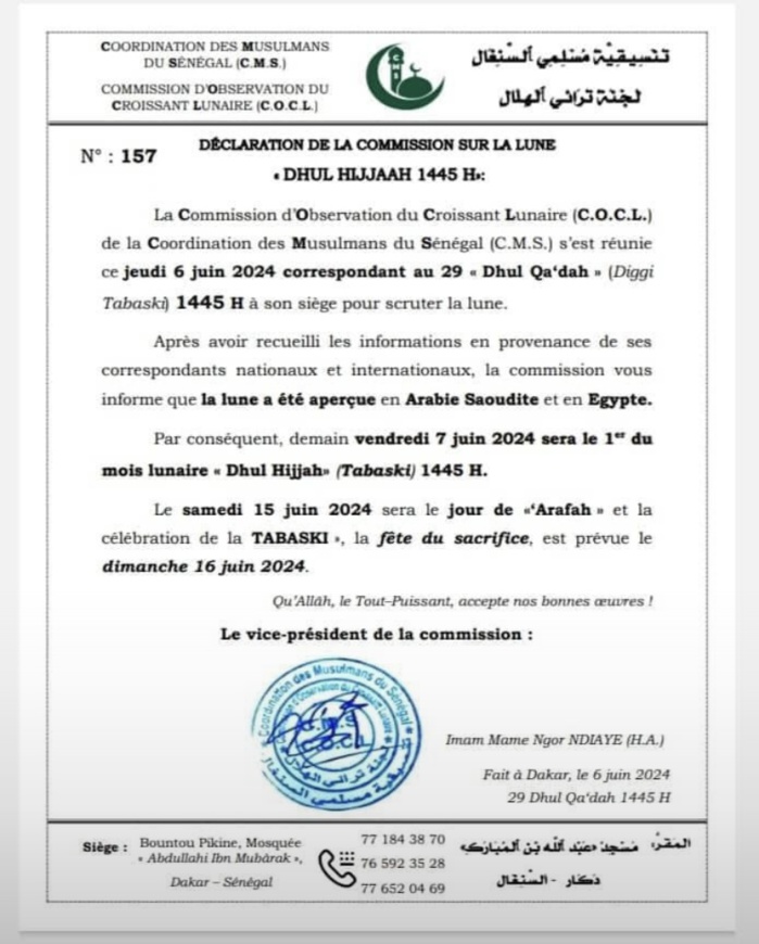 Célébration de la Tabaski: la Coordination des Musulmans du Sénégal fixe la date 