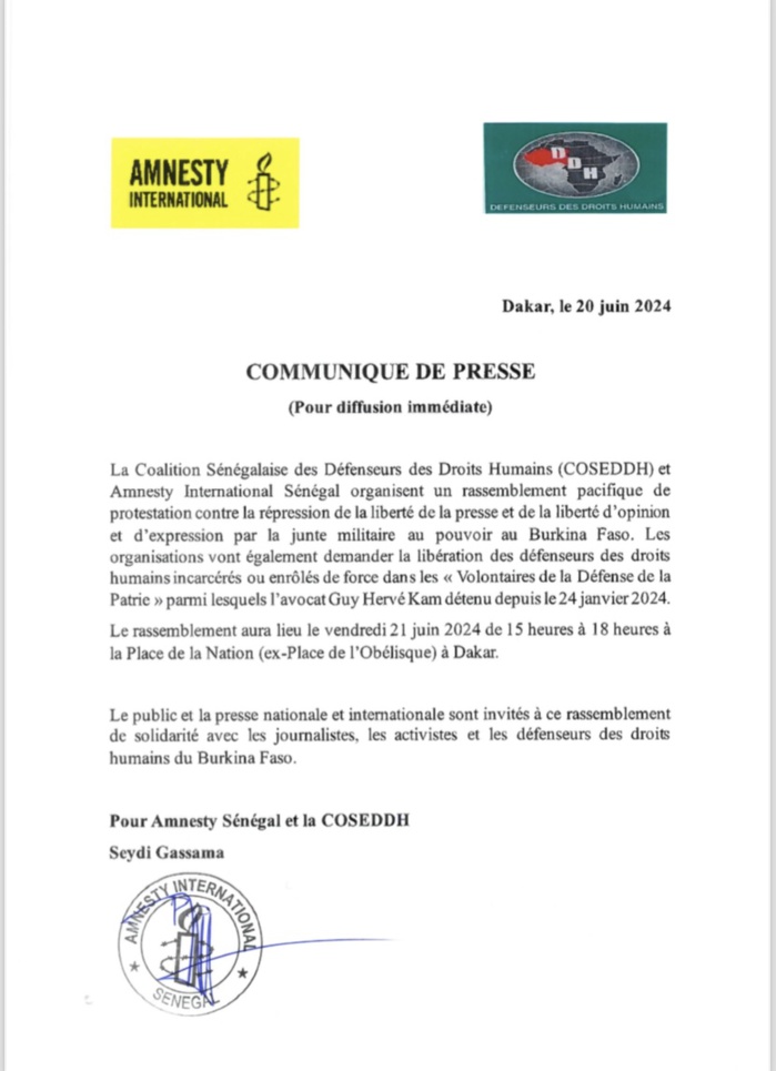 Liberté d’opinion au Burkina : Amnesty international et Coseddh manifestent ce vendredi à Dakar