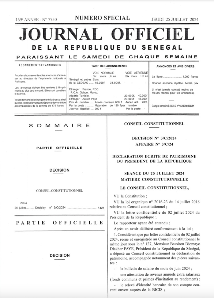 Journal Officiel: La déclaration de Patrimoine du Président BDF  rendue publique